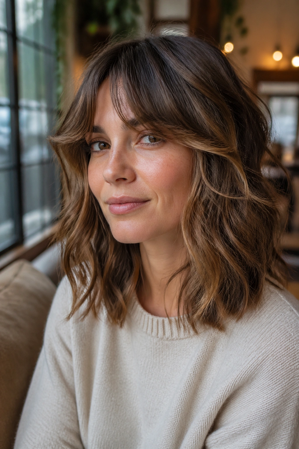 Close-up portrait of a real woman with bottleneck curtain bangs on a medium wavy cut in a cafe setting