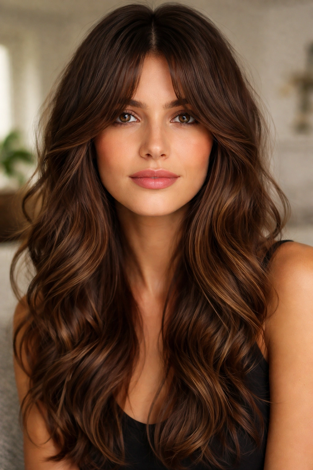 Portrait of woman with bottleneck curtain bangs and a narrow center