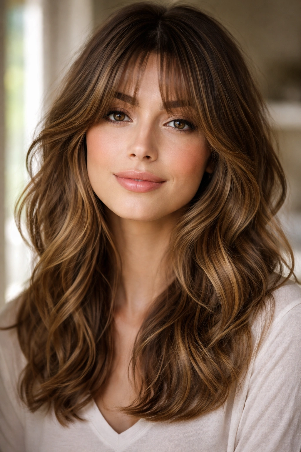 Close-up of a woman with bottleneck curtain bangs.