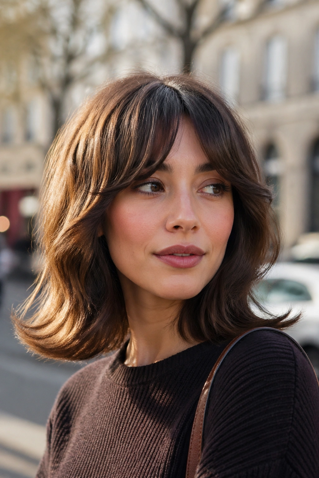 Close-up of a real woman with bottleneck fringe and flip ends
