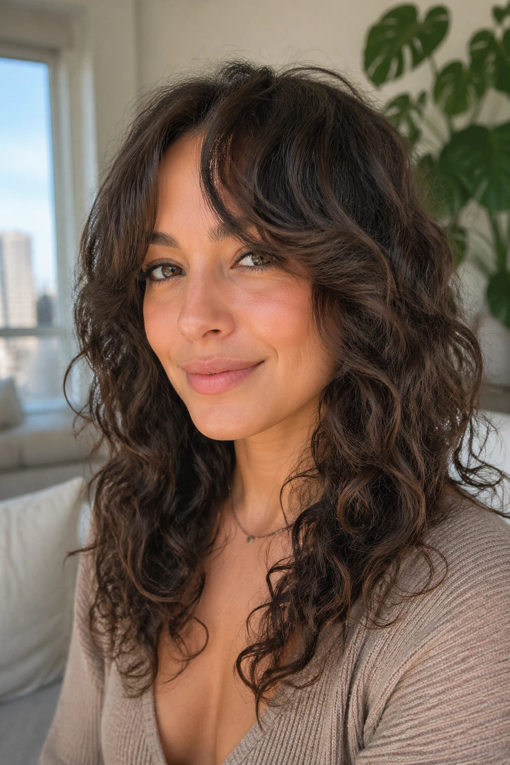 Close-up portrait of a real woman with bottleneck side bangs on wavy curly hair in a bright room