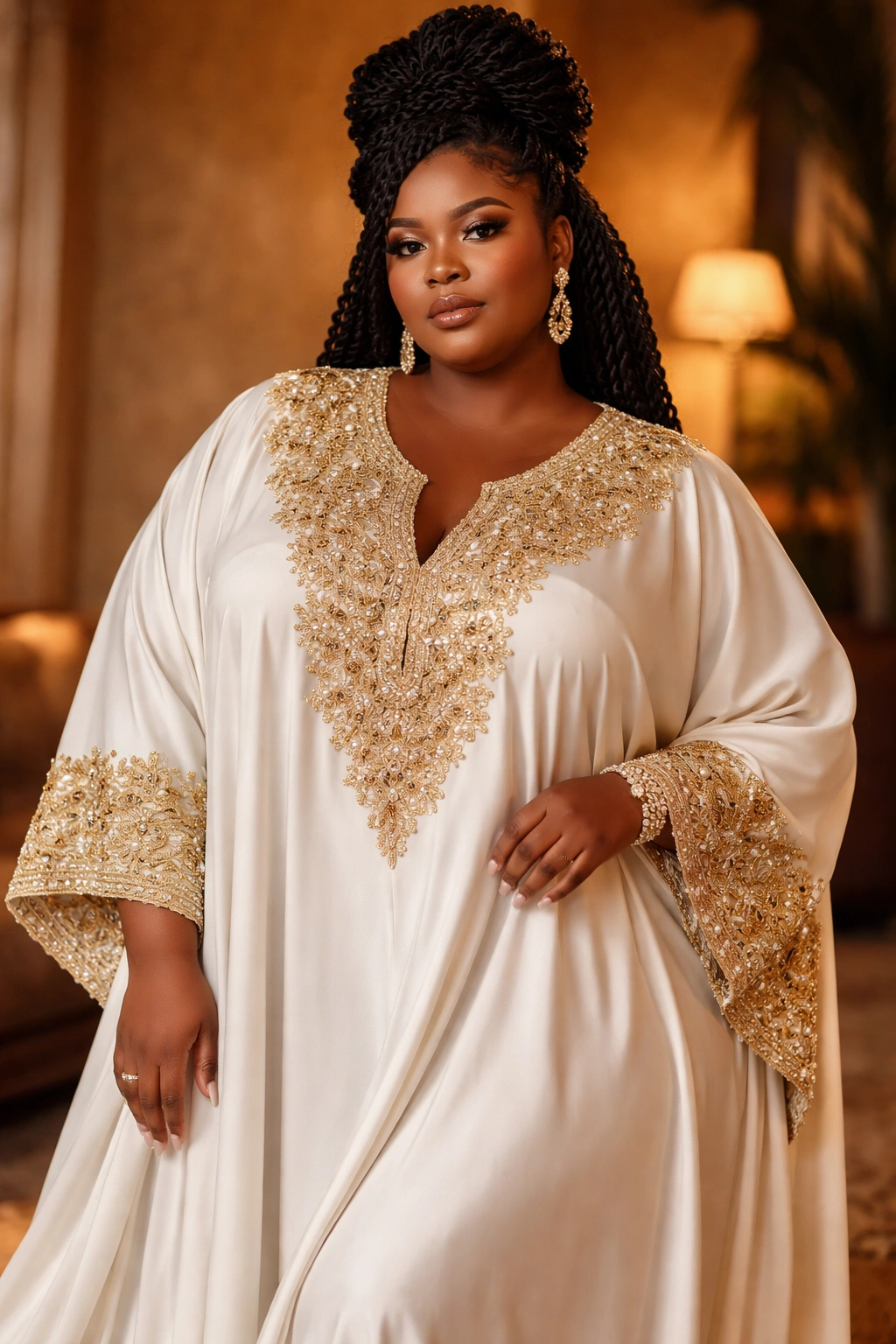 Plus-size woman in embroidered boubou dress with gold detailing