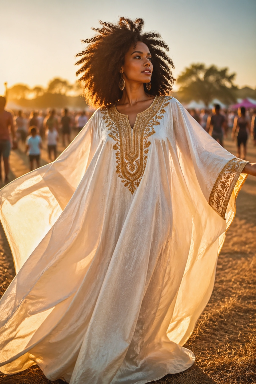 Close-up of a real person wearing a Boubou-Inspired Wide Silhouette Dress at an outdoor Afro festival field