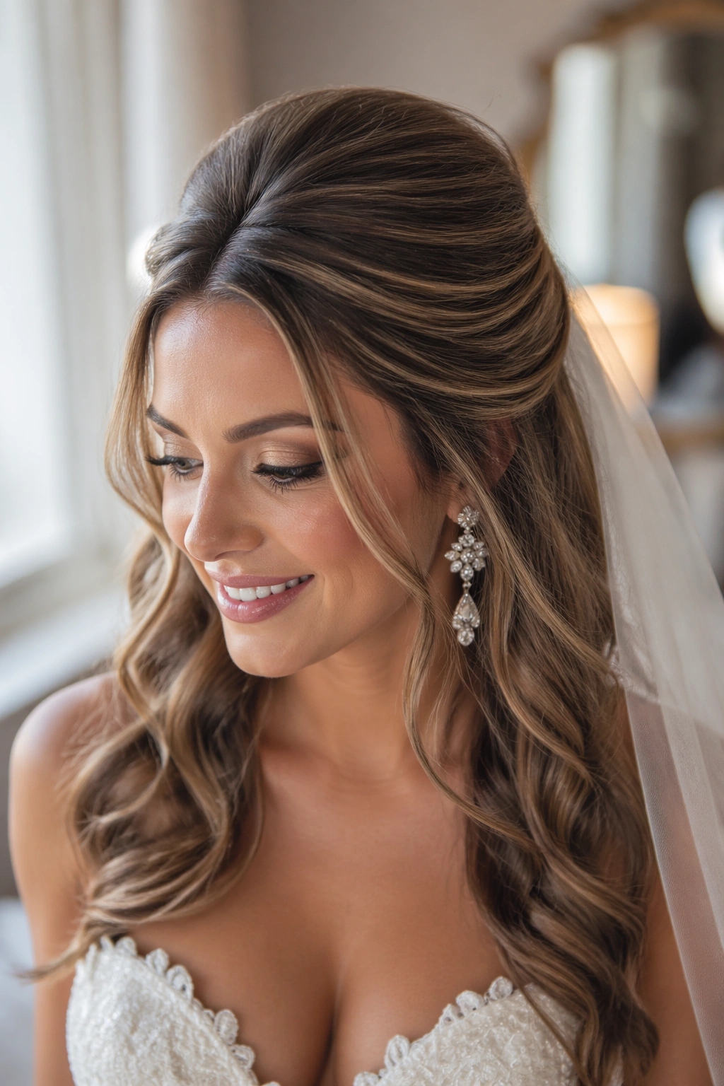 Bride with voluminous half-up bouffant hairstyle.