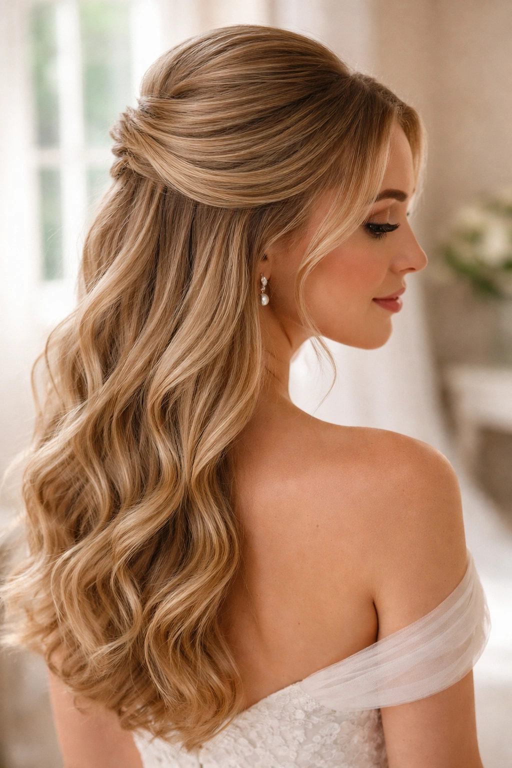 Portrait of a real woman with a soft bouffant half-up hairstyle
