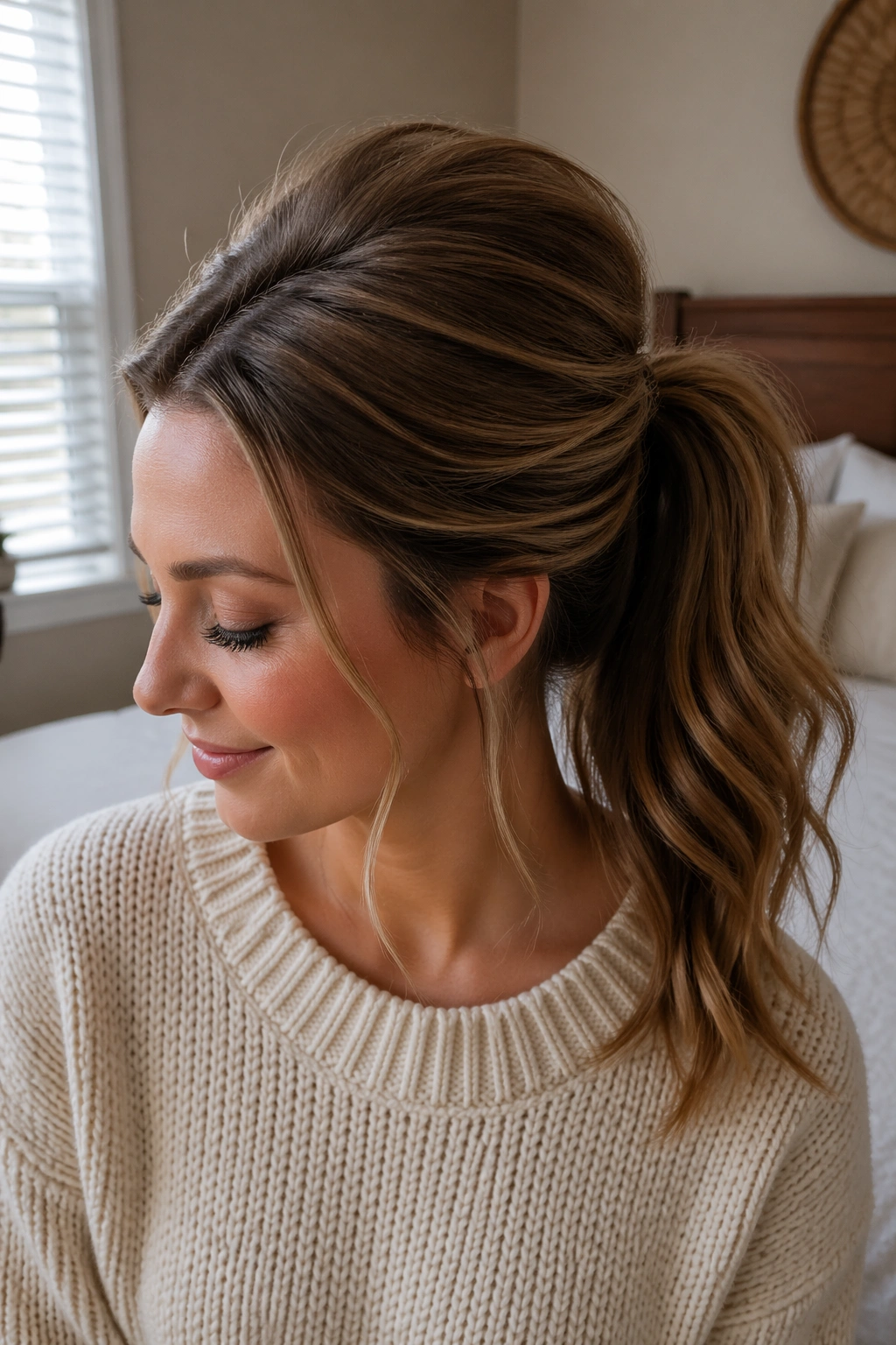 Close-up of a real woman with bouffant ponytail and crown lift