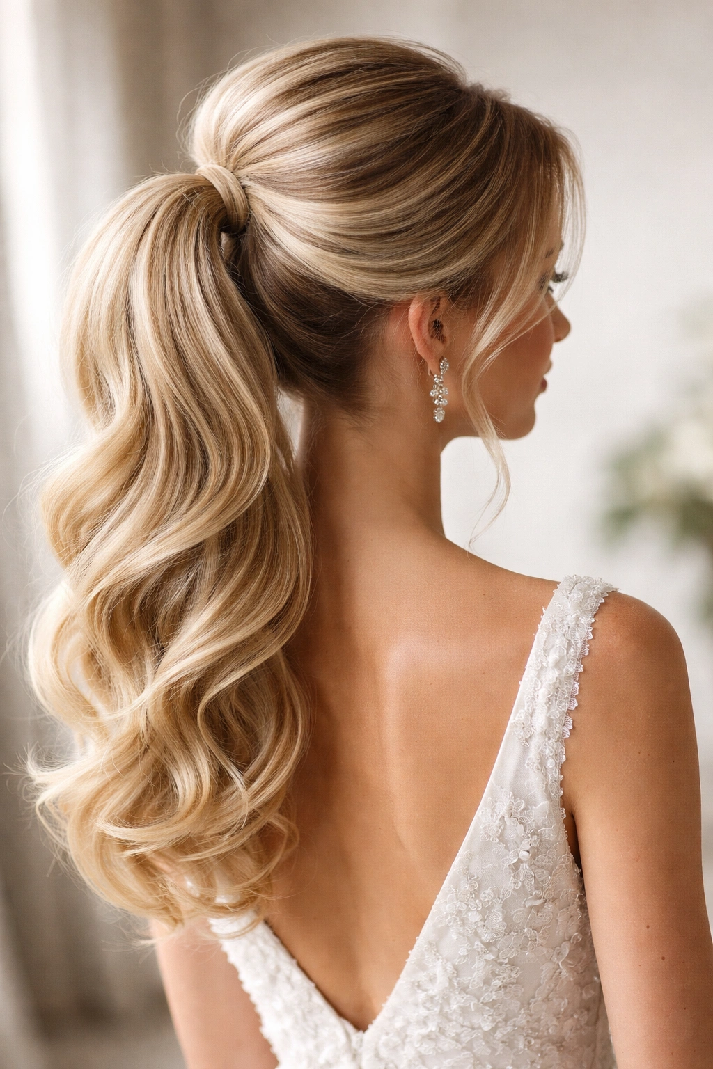 Bouffant ponytail with a lifted crown and softly curled ends.