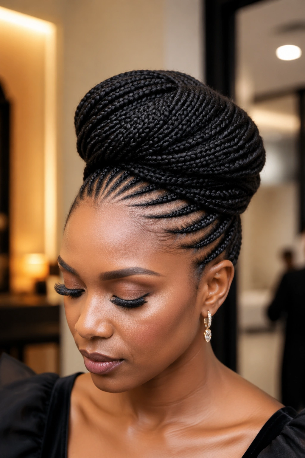 Real person with high bouffant roll formed by cornrows.