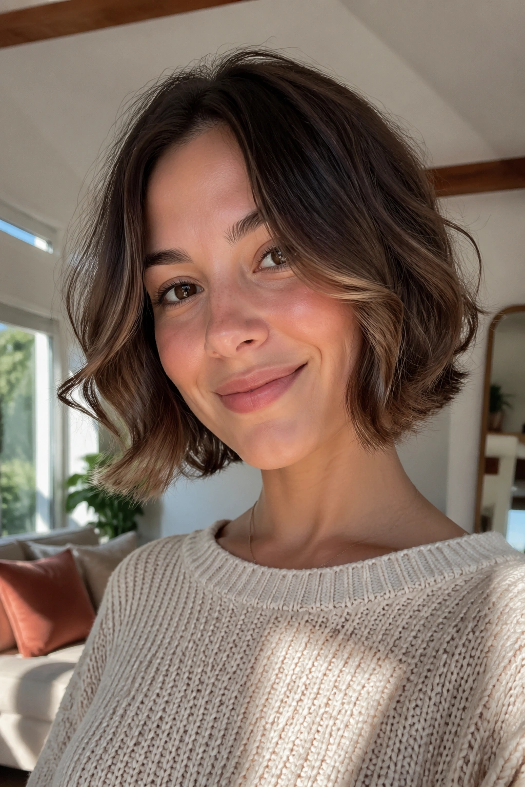 Close-up of a real woman with a bouncy bob and flipped-out ends in sunny living room light