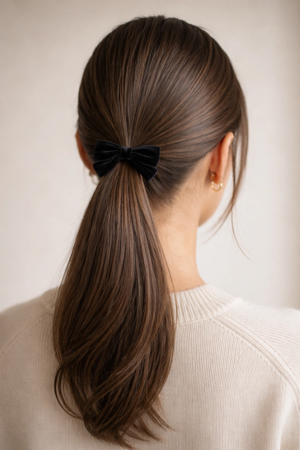 Low ponytail with small velvet bow at the base