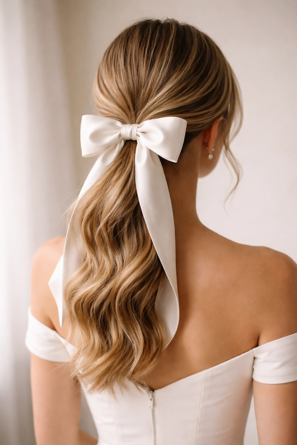 Rear-view ponytail with bold bow at the base