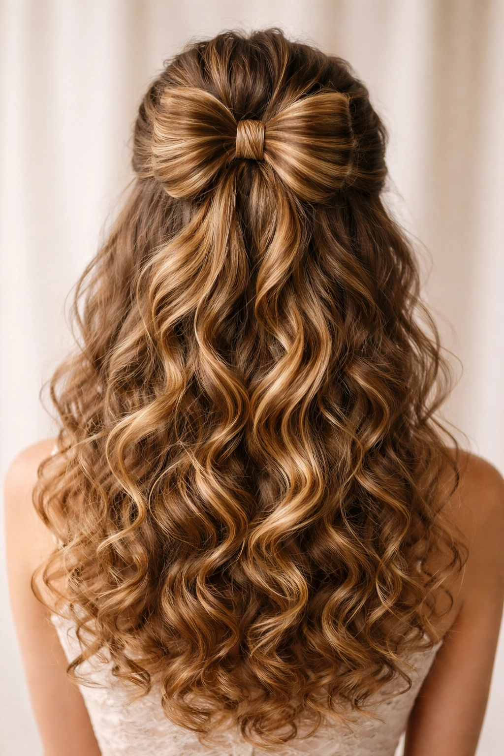 Bow bun formed from half-up hair with loops and flowing curls