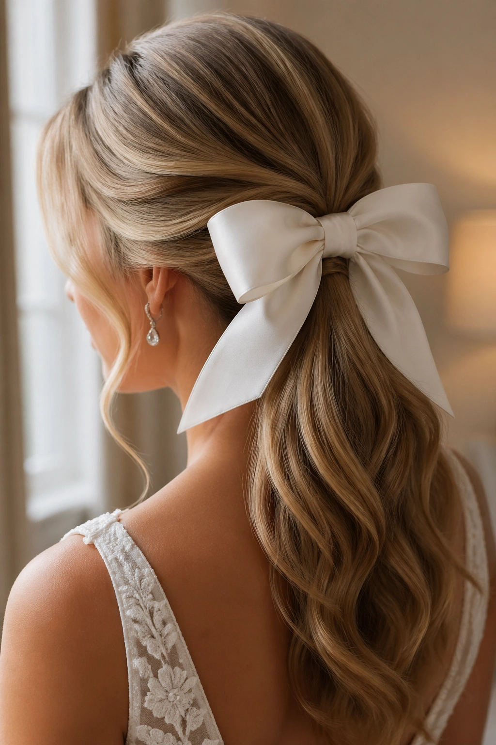 Close-up of a real bride with a bow-detail ponytail and silk bow at the base