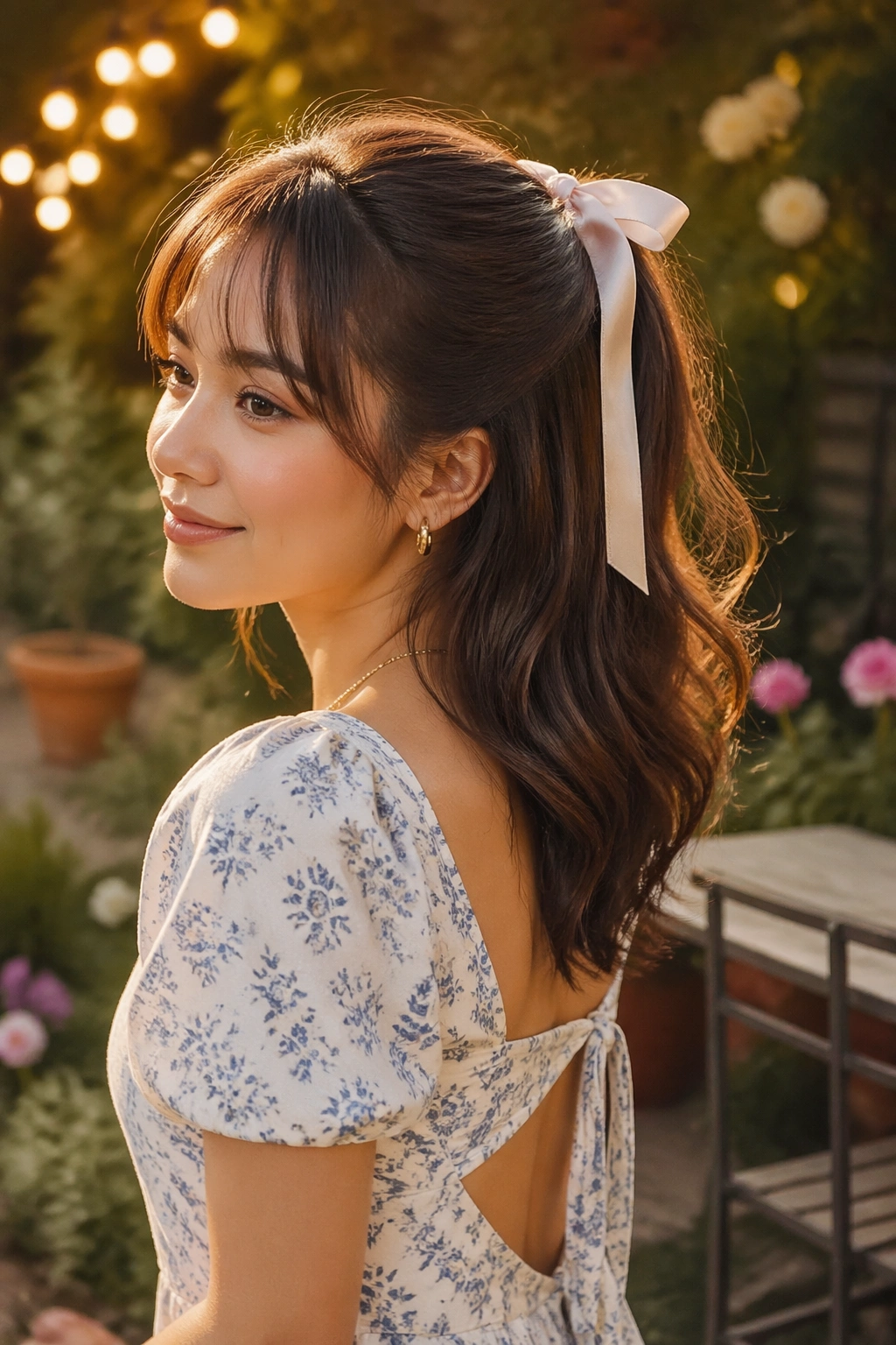Bow-tied half up ponytail with soft fringe in golden hour garden