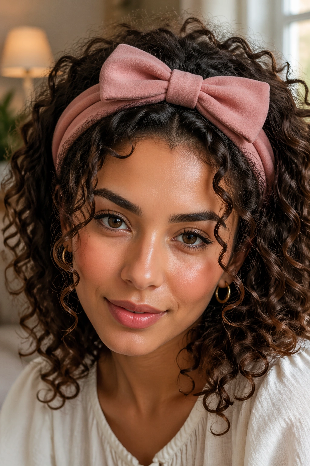 Real woman wearing a padded bow headband across the hairline with curls around the face