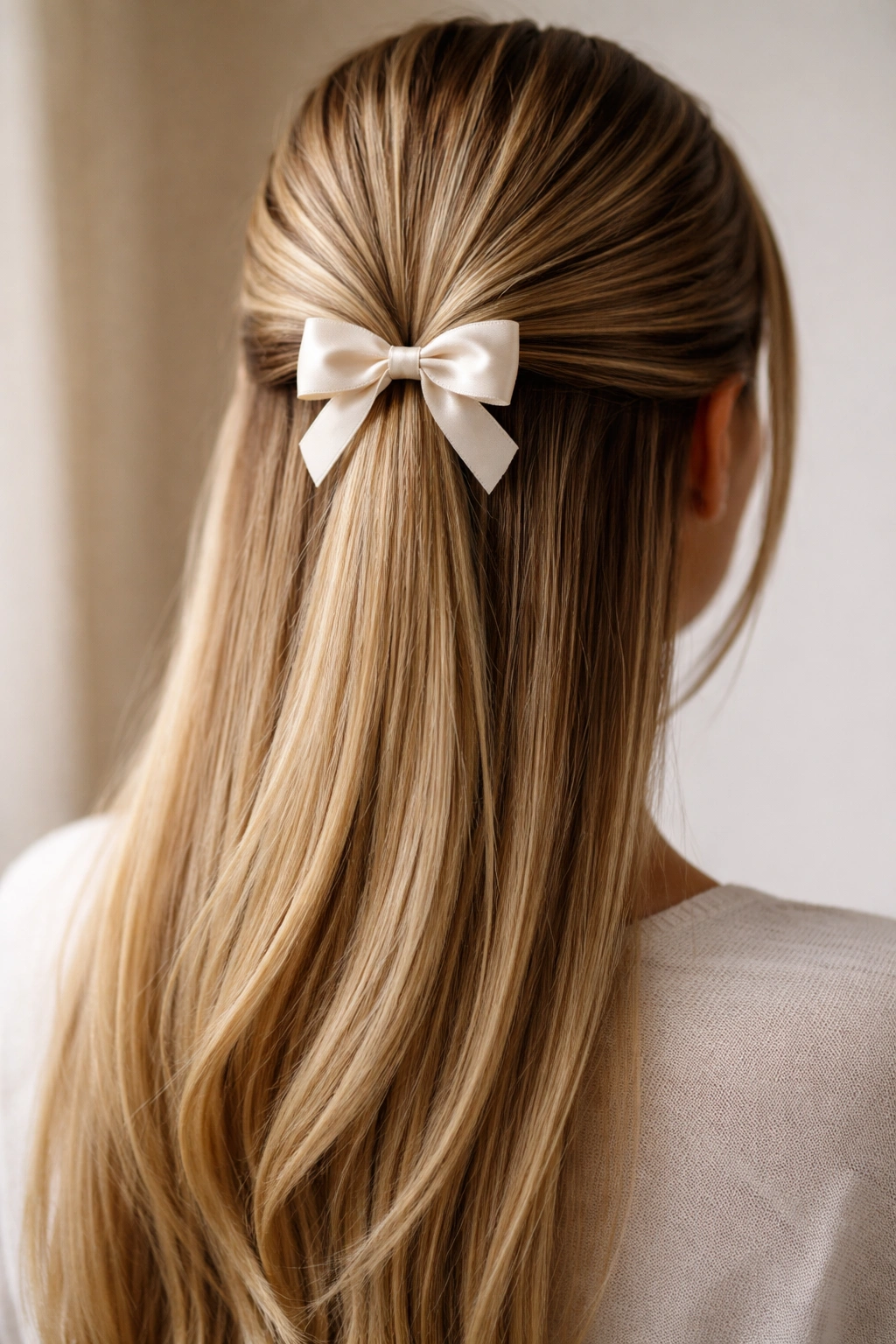 Close-up of a straight half-up ponytail with a small decorative bow at the base