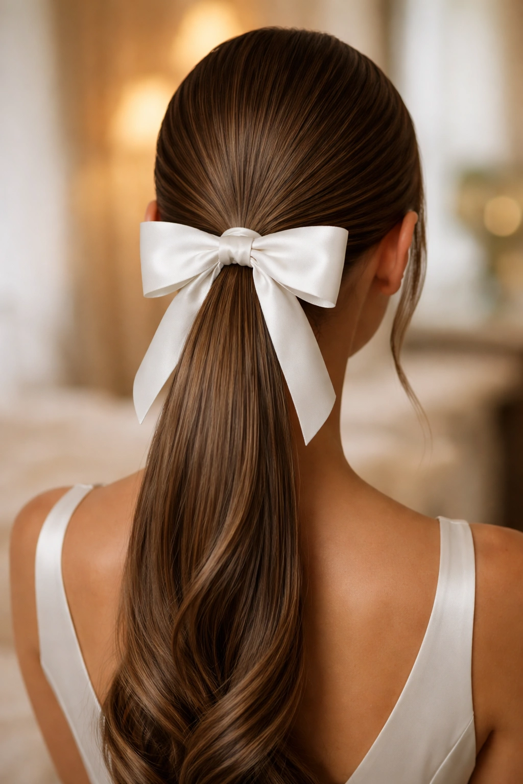 Back view of a real woman with a satin bow at the base of a sleek ponytail.
