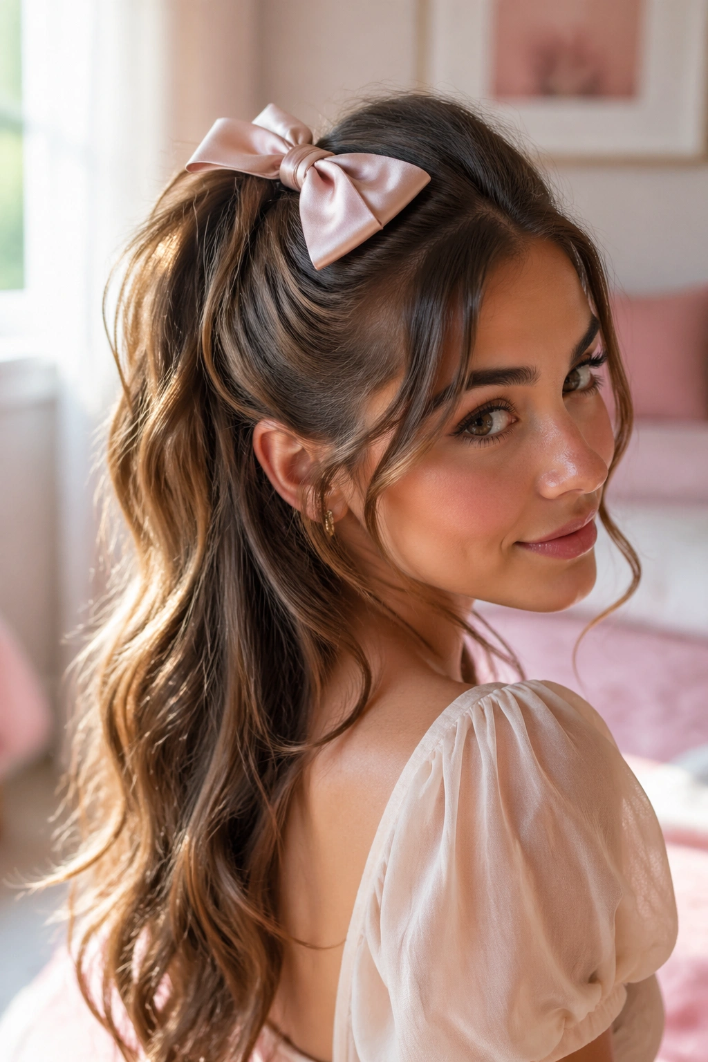 Real woman with a satin bow in a half-up ponytail, elegant and smooth crown.