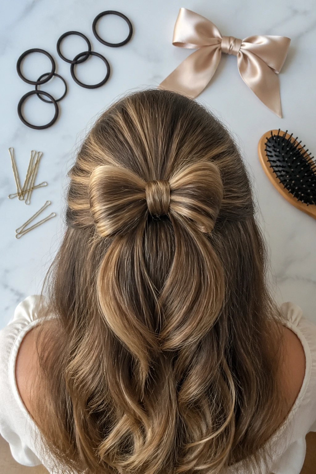 Overhead flat-lay of bow-tied half-up ponytail with accessories.