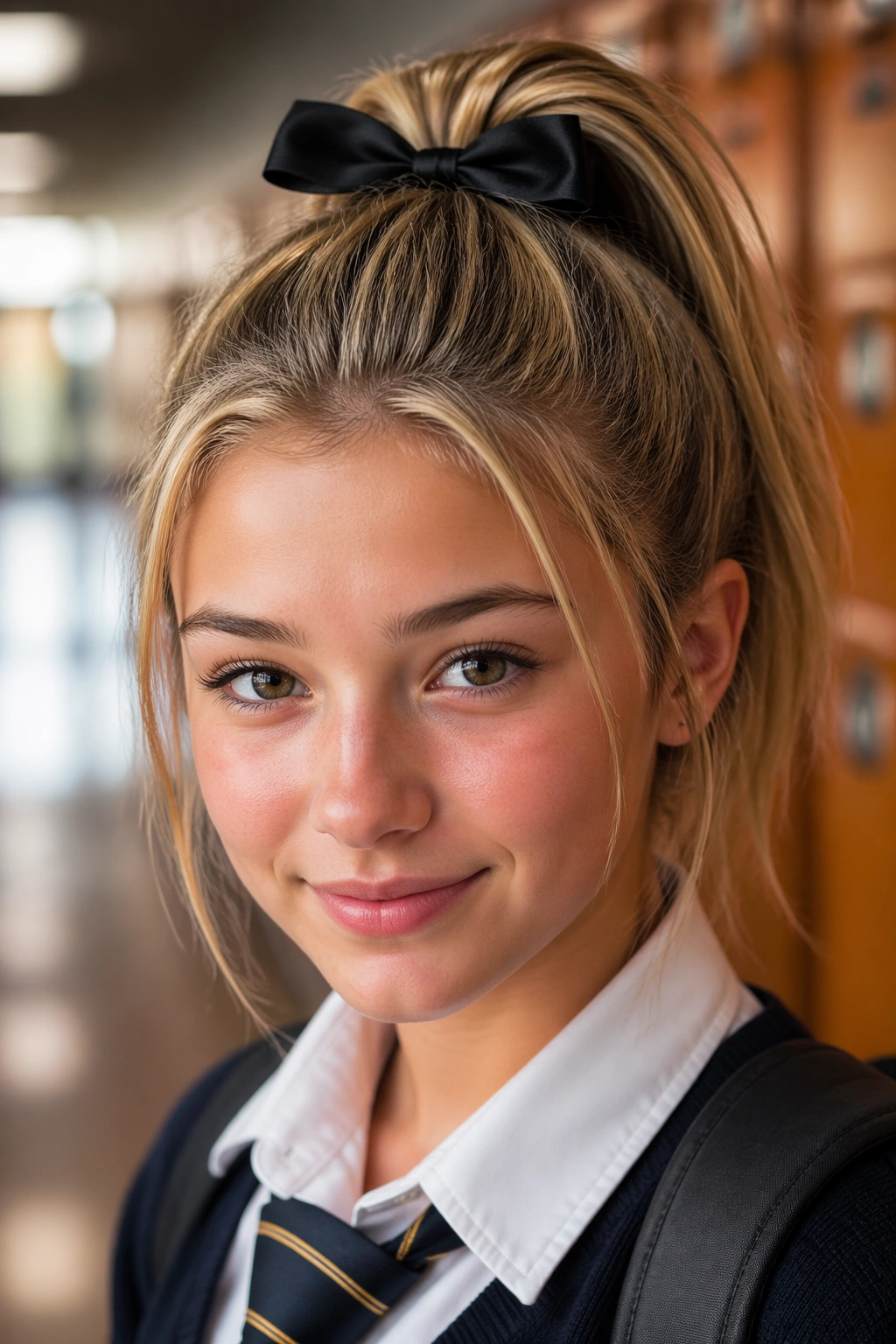 Portrait of a real person with a bow-tied high ponytail in a school hallway