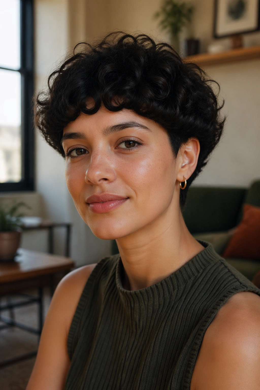 Close-up portrait of a real person with a modern bowl cut for tight, fine curls in warm light
