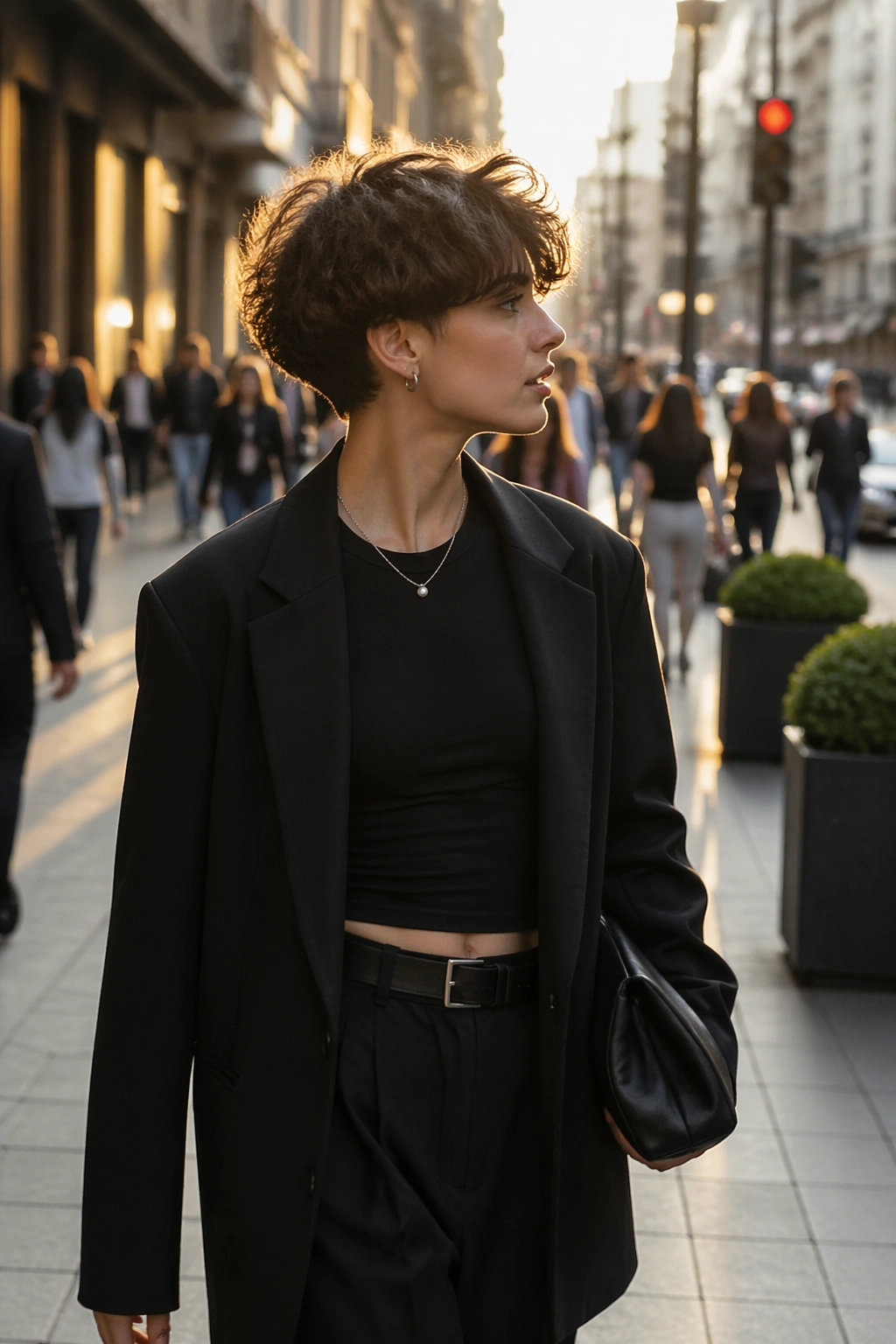 Person with a modern bowl cut walking on a city street at golden hour.
