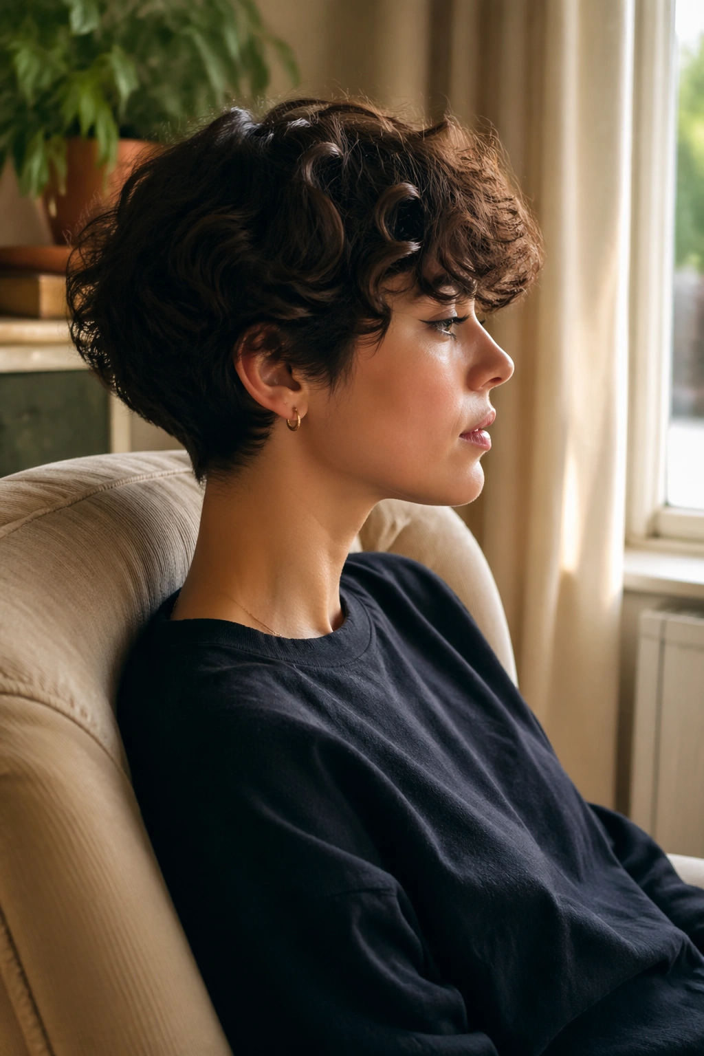 Side profile of soft curly bowl cut with feathered edges.