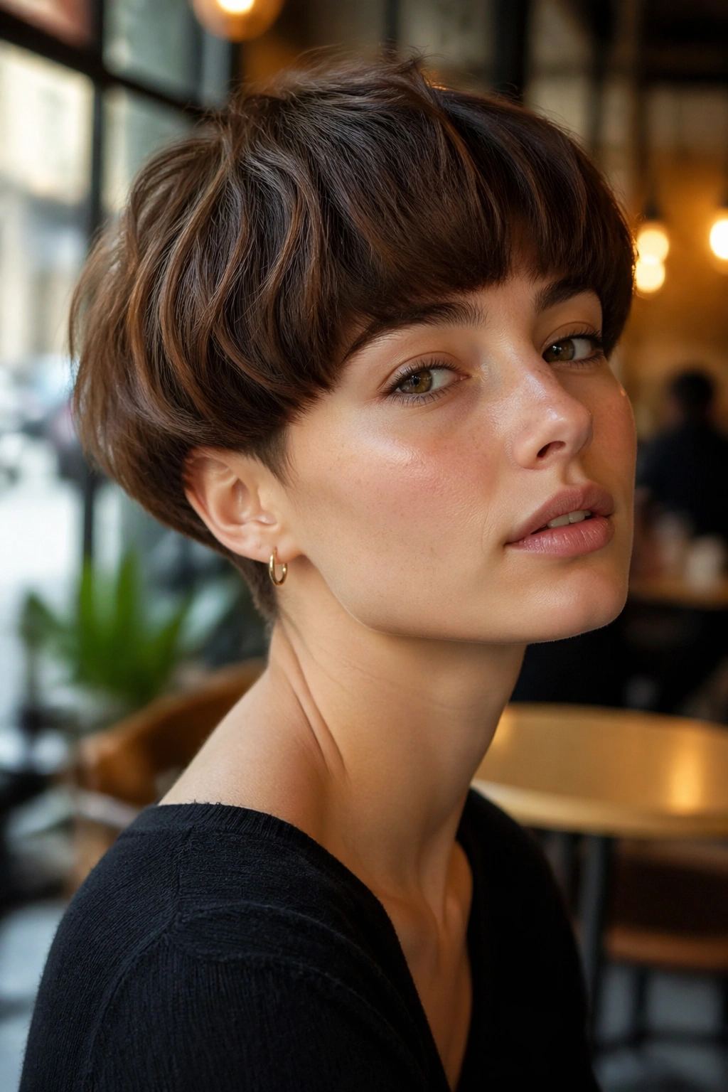 Close-up of a real person with a soft bowl-cut hairstyle