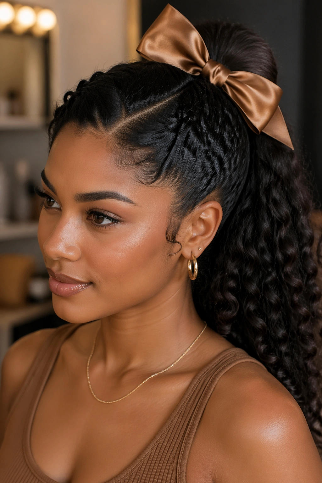 Portrait of a woman with Bow-Tied V Part Ponytail and satin ribbon at the base of a curly ponytail