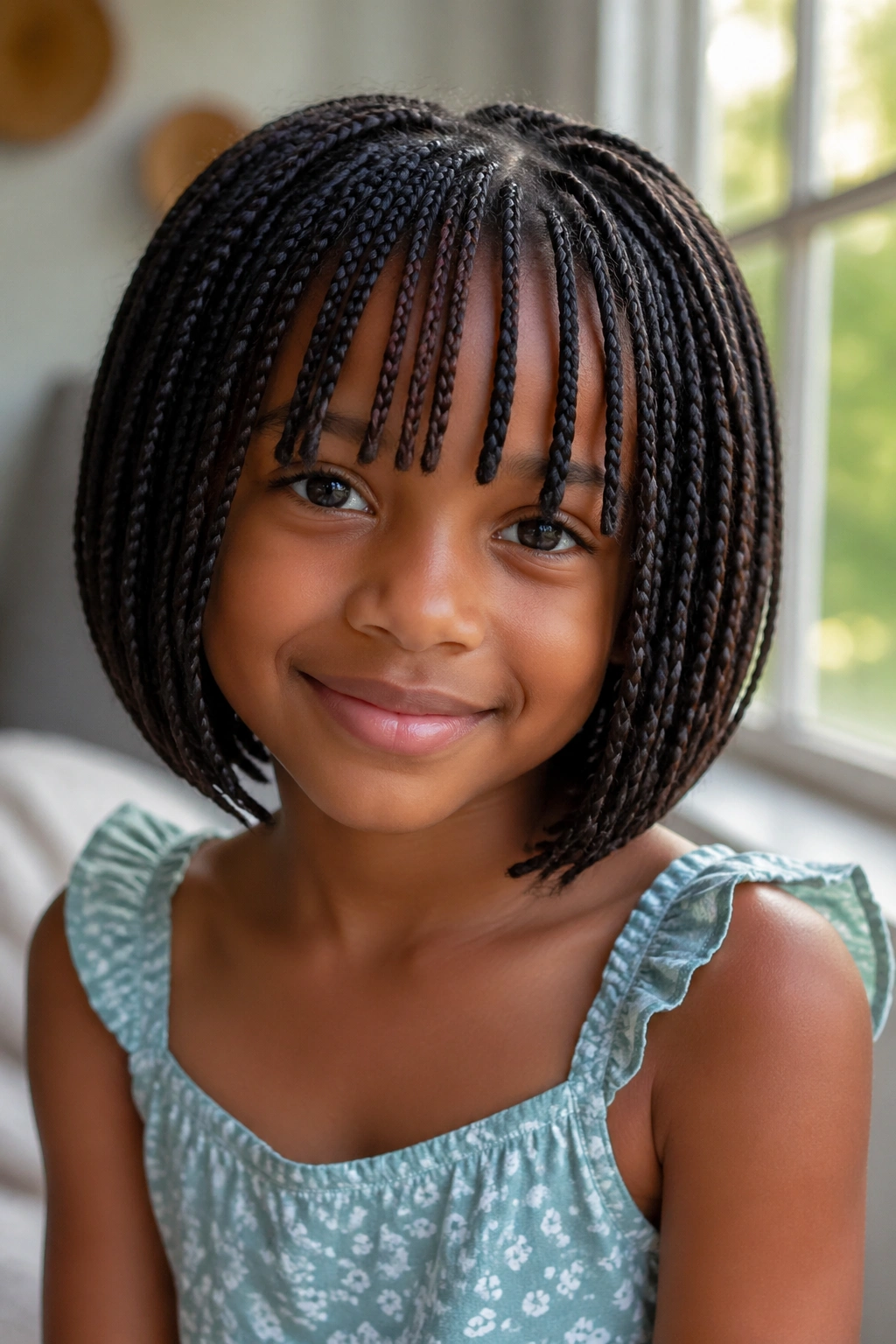 Close-up of a real child with a box braid bob and bangs