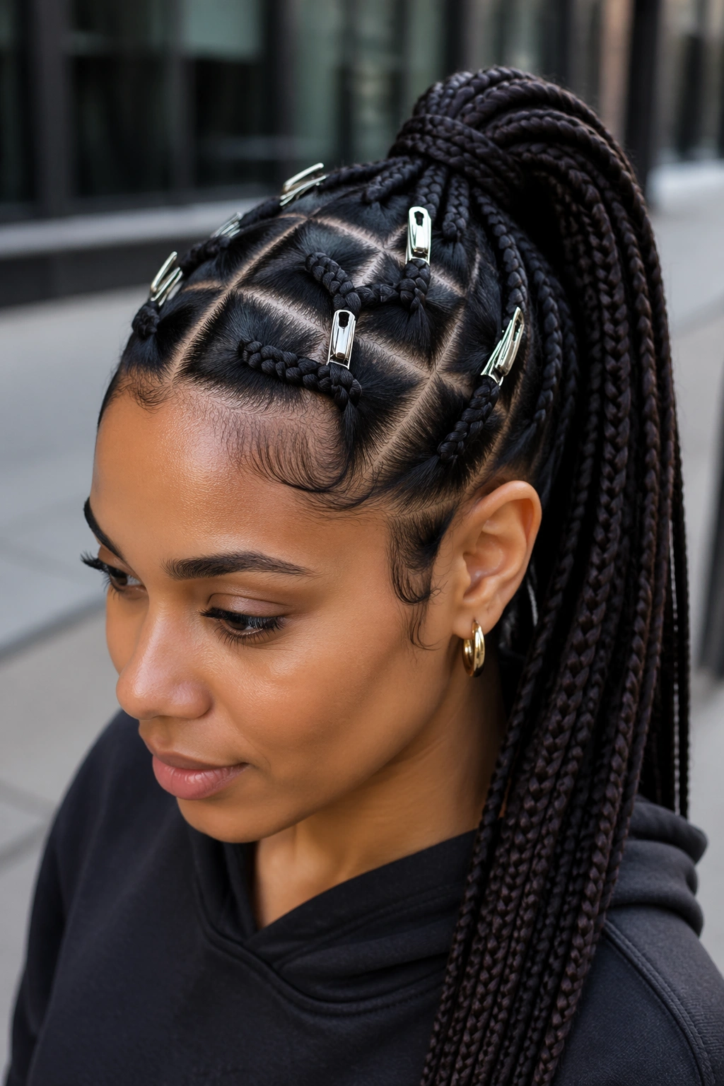 Close-up of a real woman with box-braid-inspired butterfly ponytail and metal clips.