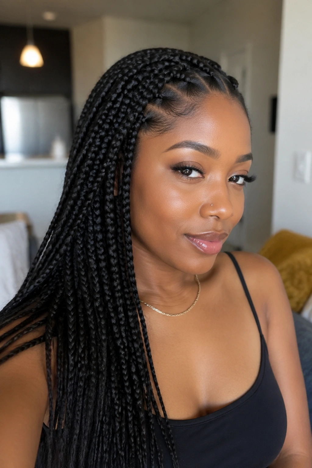 Close-up portrait of a real person wearing box braid crochet hairstyle.