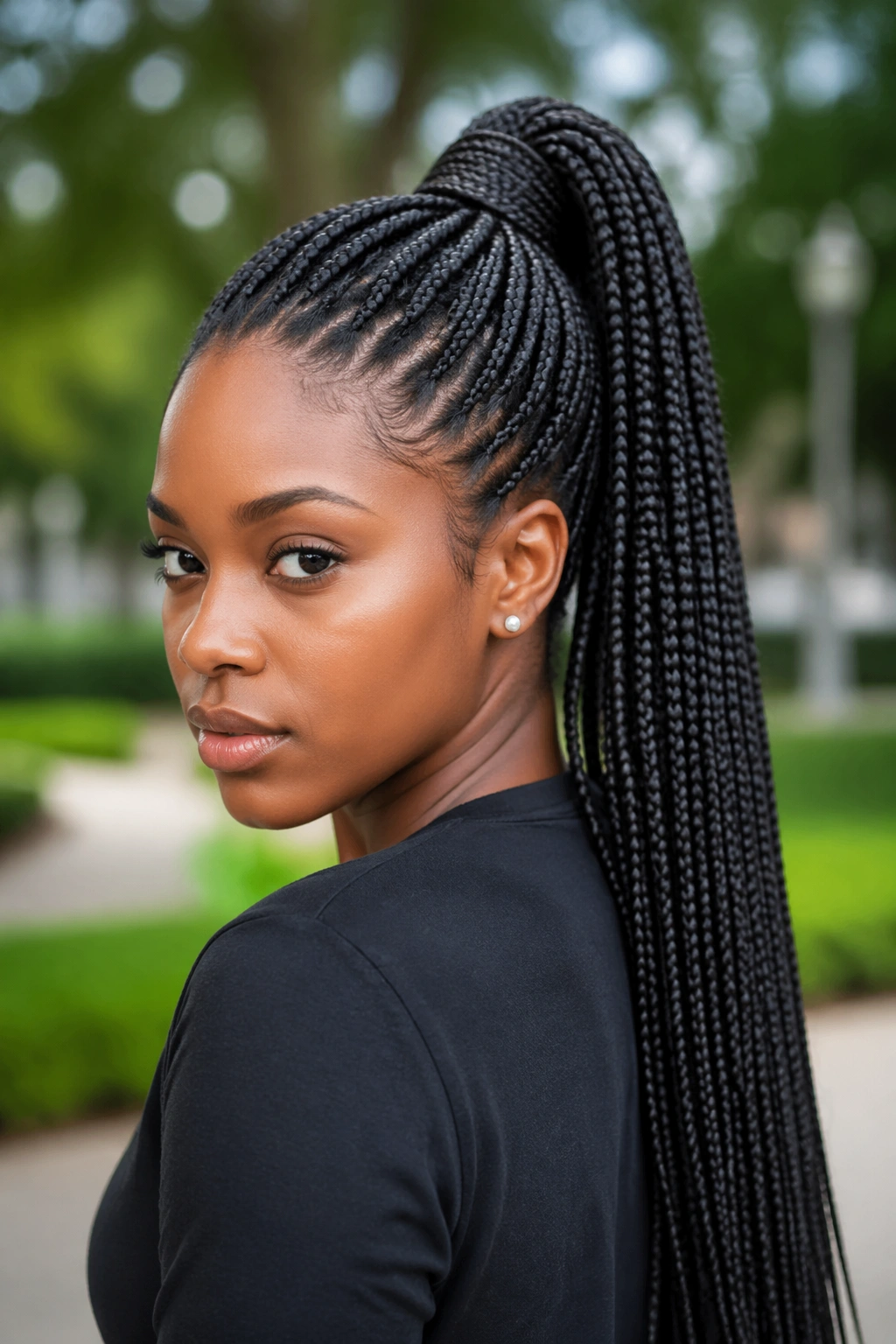 Person with box braids tied into a long ponytail outdoors