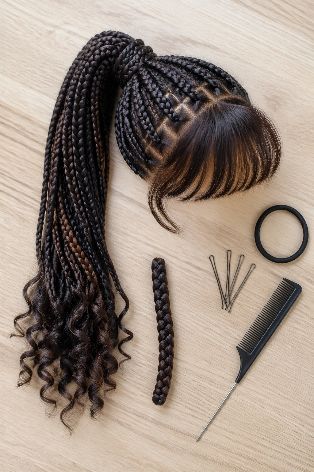 Overhead flat-lay of box braid ponytail components
