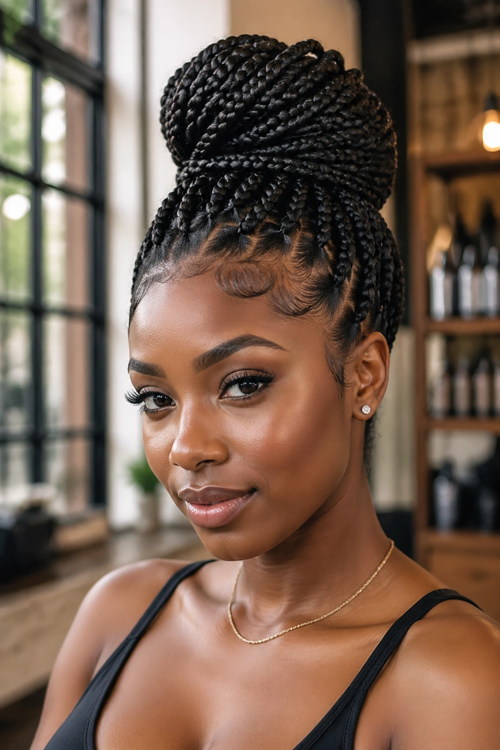 Real person with box braid updo styled into an elegant updo