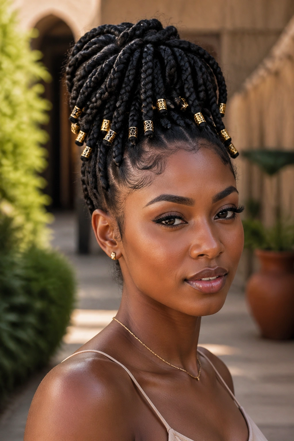 Close-up of box braid updo with decorated ends and visible cuffs.