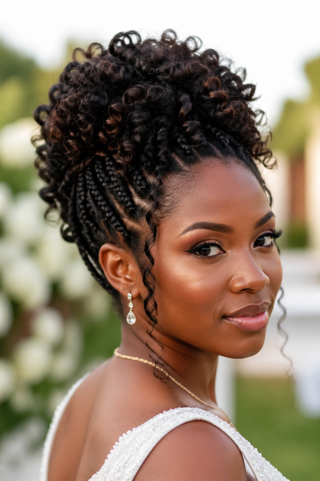 Bride with box braid accents and natural curls in outdoor light