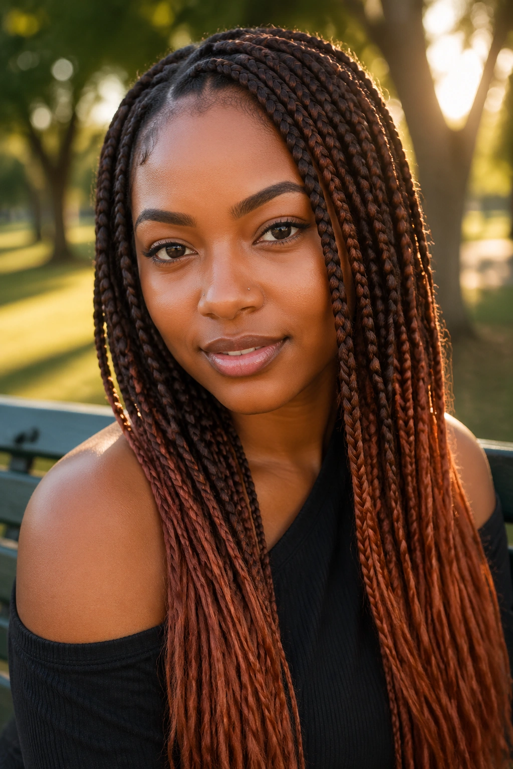 Auburn-brown box braids with copper ends on a real woman, golden hour light.