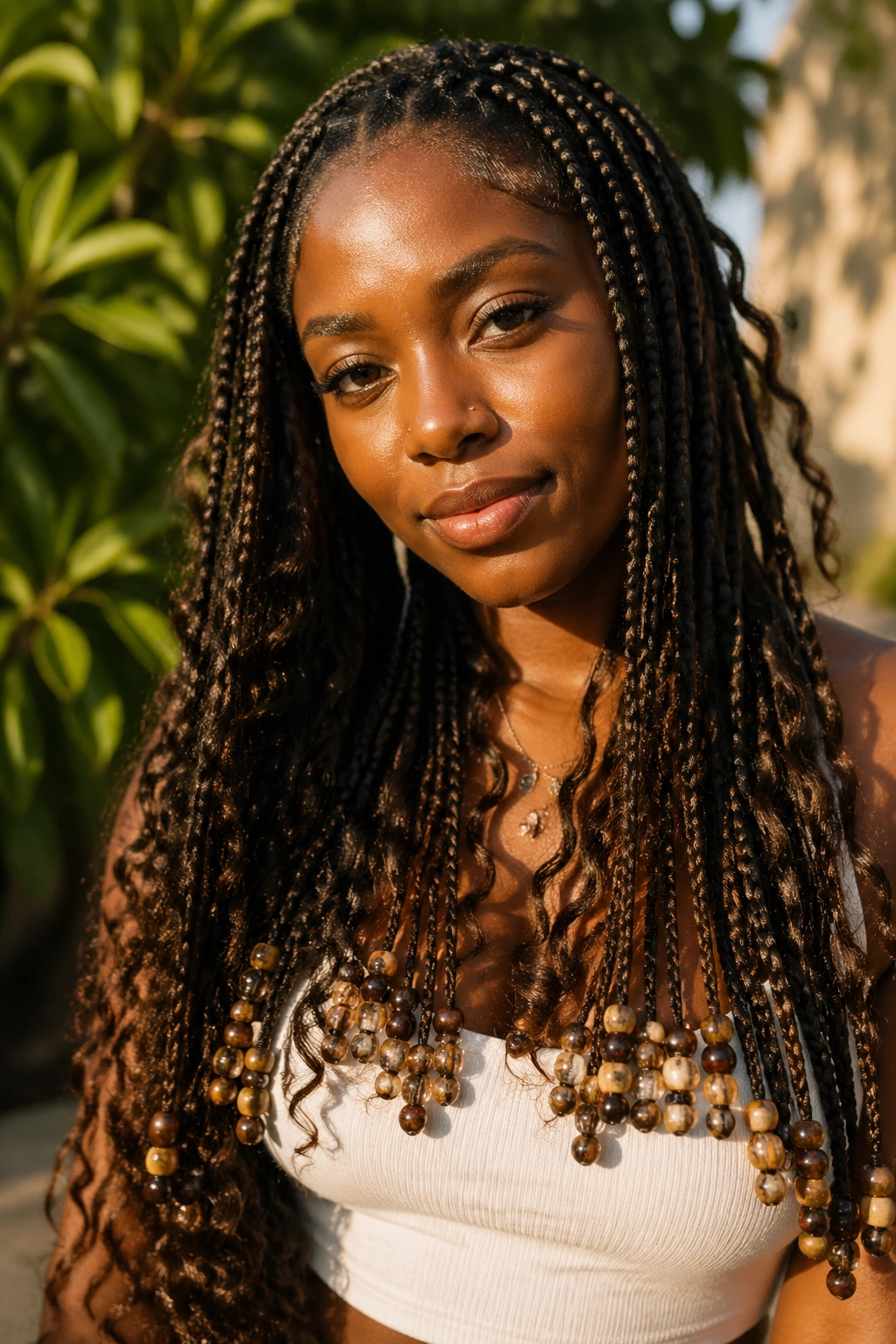 Close-up of a real woman with long box braids ending in beaded tips in a warm outdoor setting
