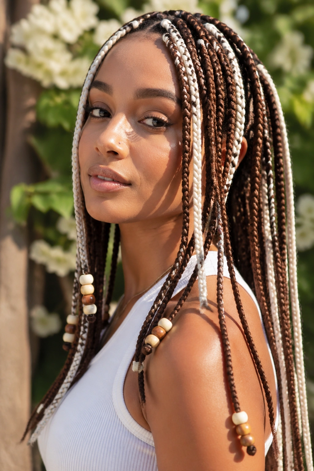 Close-up portrait of a real woman with beaded brown and white box braids