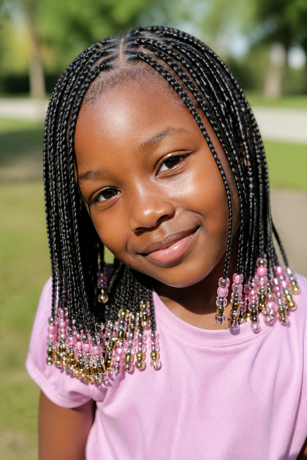 Close-up of a real child girl with extra-small box braids and beaded tips.