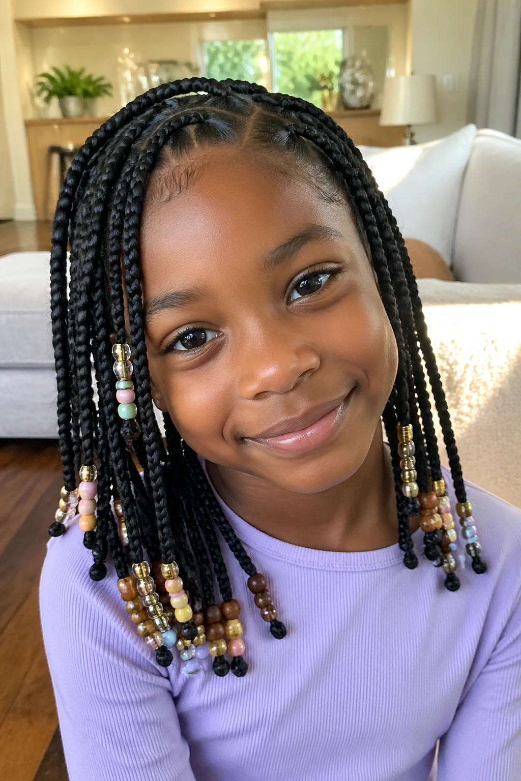Close-up of a real child girl with mixed-bead box braids.