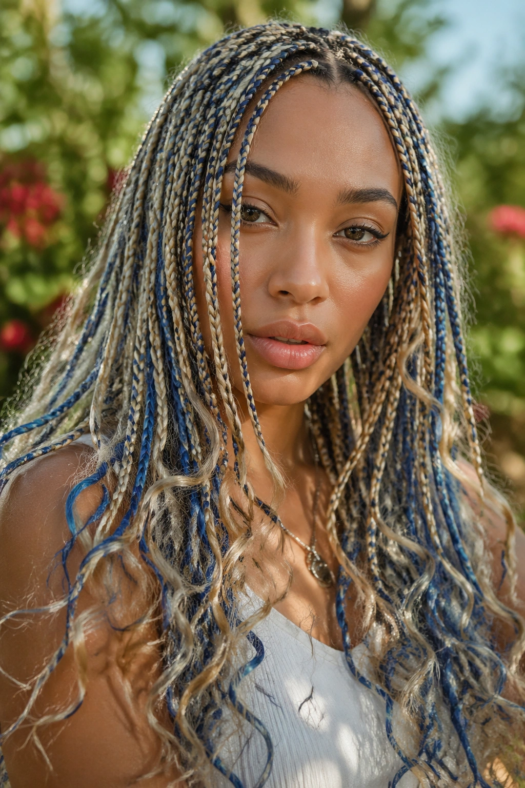 Close-up of a real woman with small boho box braids in blonde and blue with loose curls.