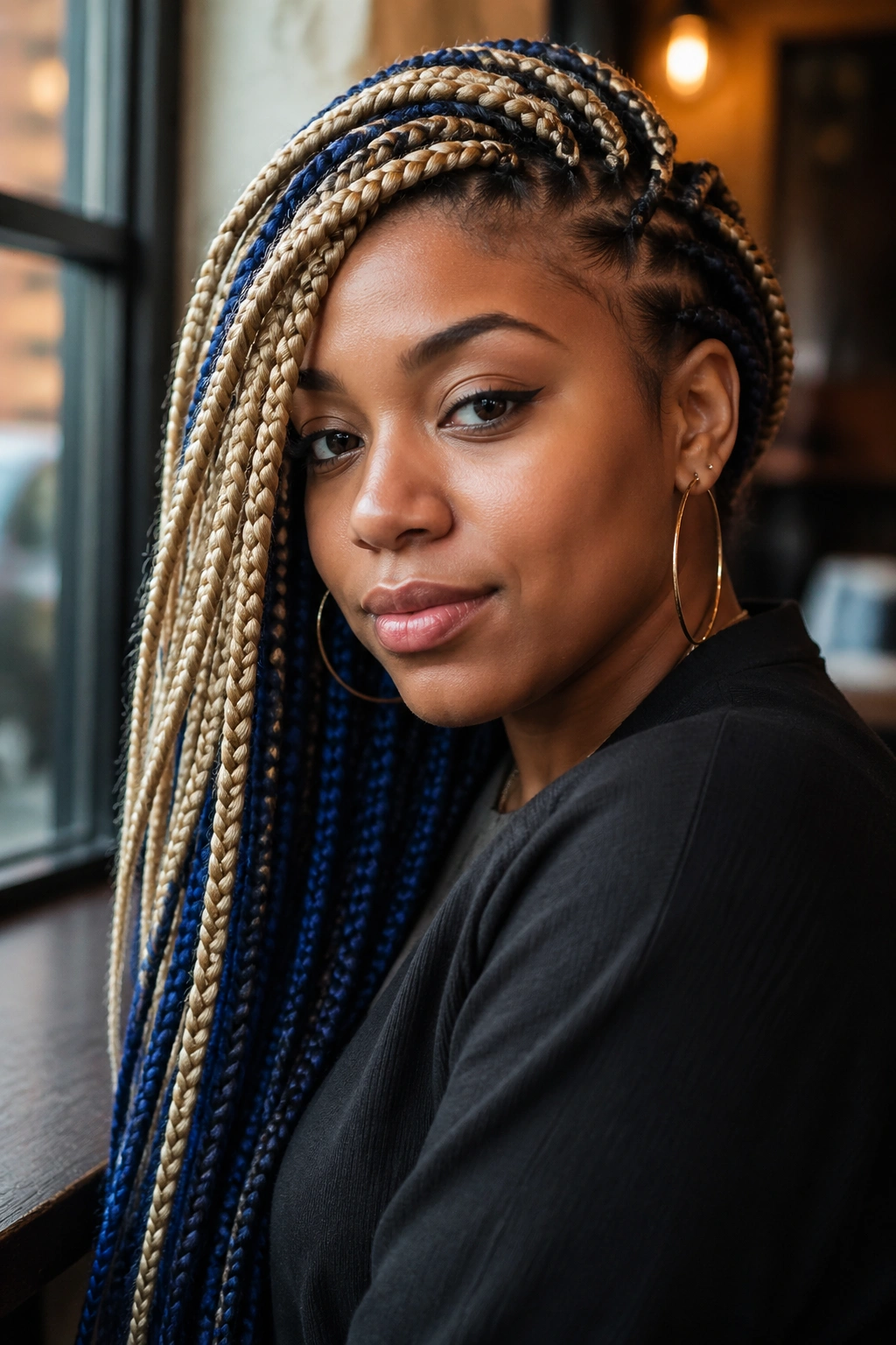 Real woman with side-swept blonde and blue box braids, portrait in a cafe setting.