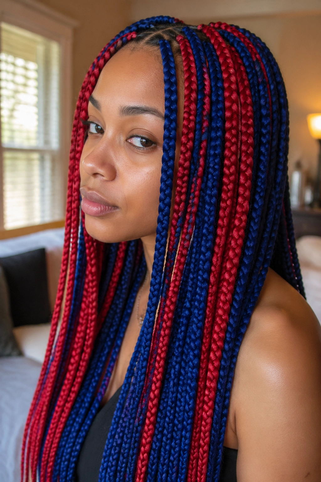Close-up of a real person with alternating blue and red box braids dominating the frame