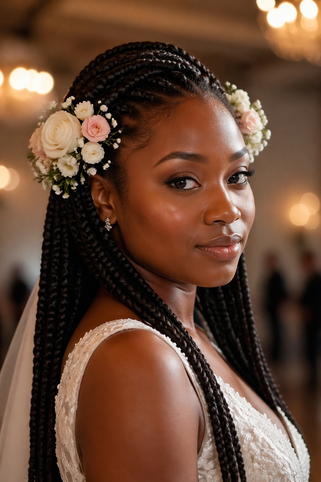 Bride with box braids adorned with flowers and ribbon