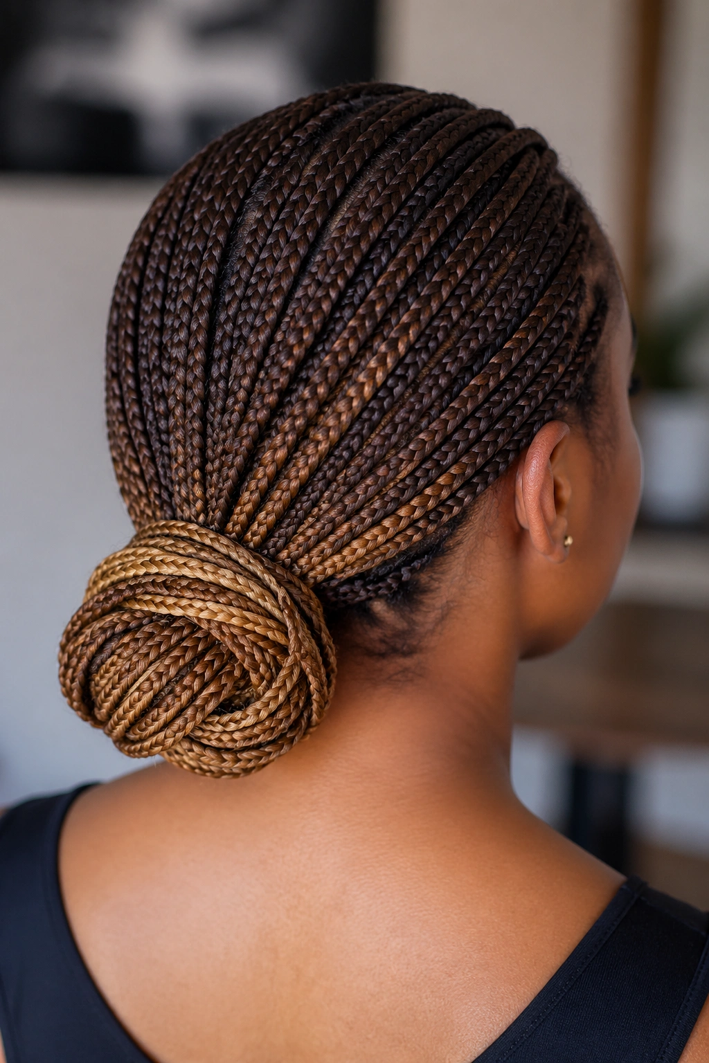 Rear-side close-up of a real person in a low bun with chocolate-to-honey ombré box braids