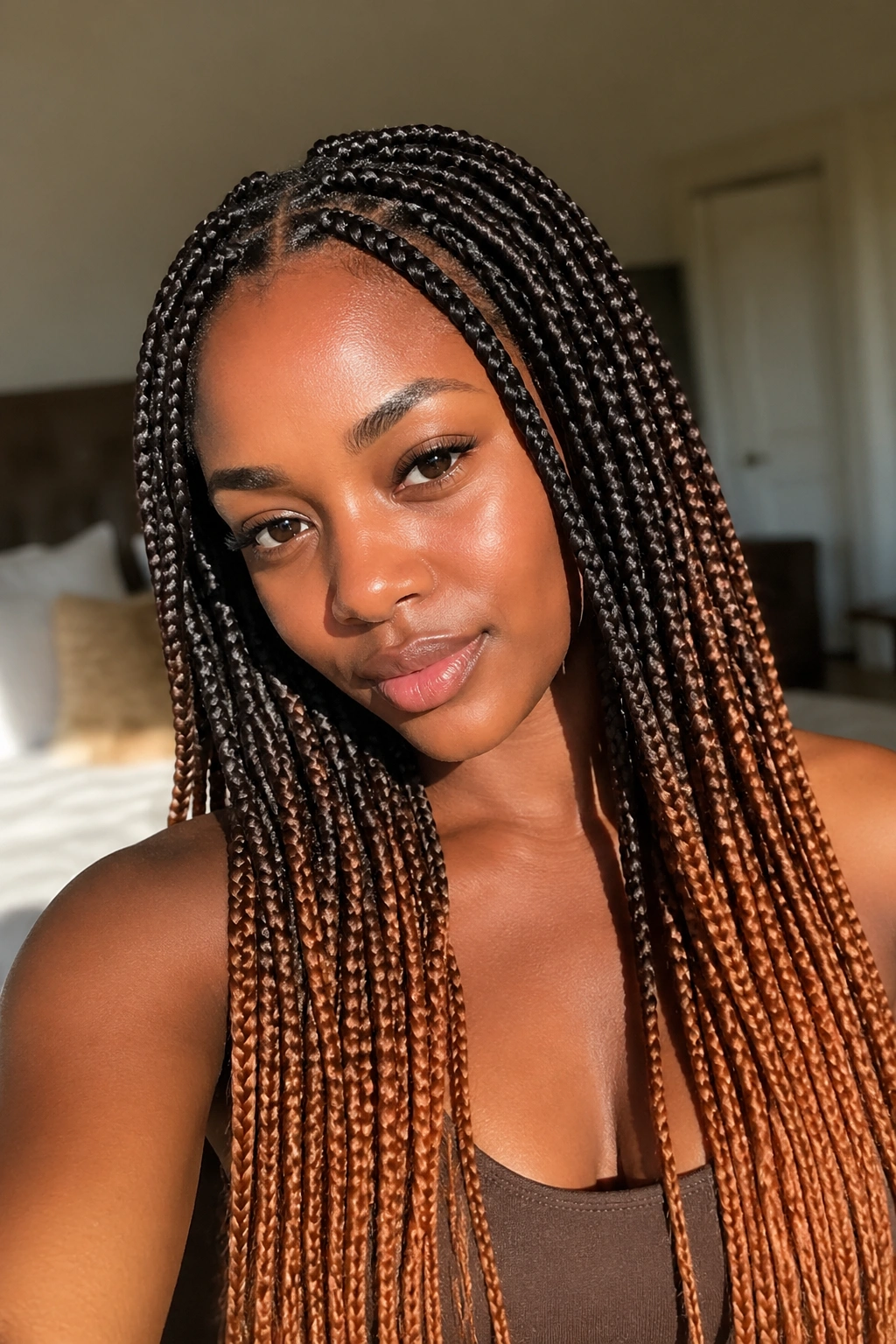 Close-up of deep chocolate box braids with caramel ends on a real woman, warm window light.