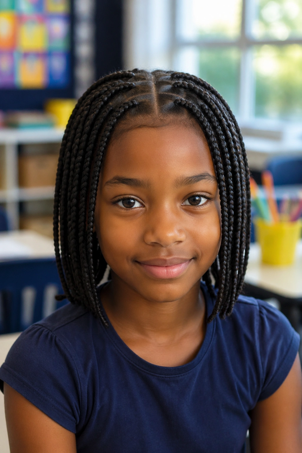 Close-up portrait of a real child girl with center-part box braids.