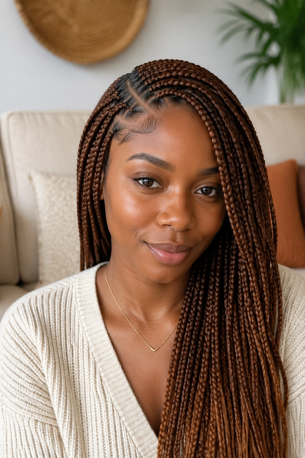 Chestnut box braids with curved side part on a real woman in soft daylight.